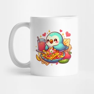 cute love birds are eating Mexican specialties, Tacos, Burritos, Enchiladas, Quesadillas, Guacamole, Fajitas, Chiles Rellenos, Tamales, Mole, Chilaquiles, Mug